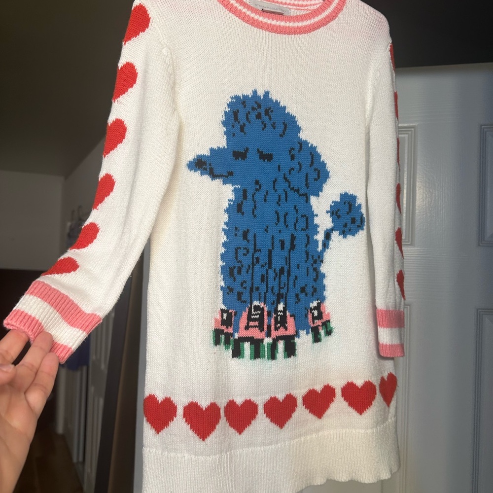 Stella McCartney White Sweater dress with Blue Poodle and Red Hearts